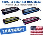 501A,502A Series 4-Color Set Premium USA Made Remanufactured HP toner Q6470A,Q6471A,Q6472A,Q6473A
