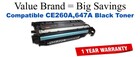 CE260A,647A Black Compatible Value Brand toner