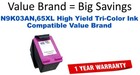 N9K03AN,65XL High Yield Tri-Color Compatible Value Brand ink